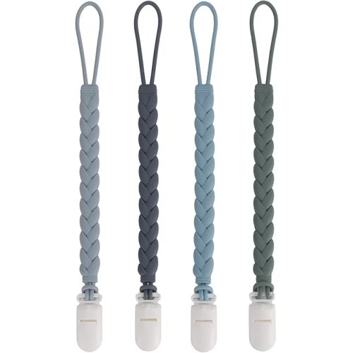 Stylish Silicone Pacifier Clips 4-Pack for Baby Boys and Girls, Woven Rope Flexible Design, Rust-Free Holders for Teething Relief and Baby Essentials, Safe for Newborns (Grey)
