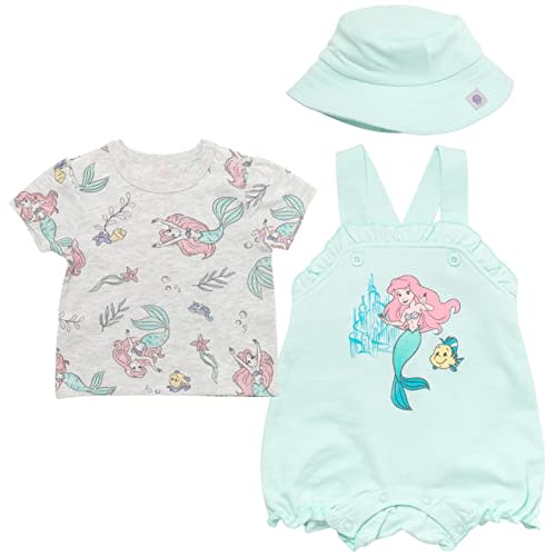 Disney Junior Baby Girls French Terry Short Overalls, T-Shirt & Hat 3 Piece Outfit Newborn to Infant Sizes (0-24 Months)
