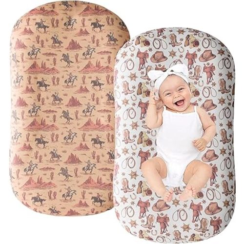 Little Jump 2 Pack Baby Lounger Cover, Stretchy and Soft Newborn Lounger Cover, Infant Lounger Slipcover for Boys Girls, Covers Only Cowboy Boots hat (2 Pack Cowboy)