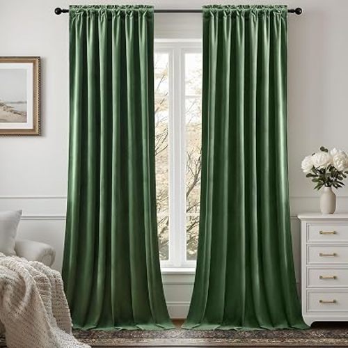 AUSSPVOCT Olive Green Velvet Curtains 90 Inches Long, Room Darkening Thermal Insulated Drapes for Bedroom Living Room, Back Tab & Rod Pocket Soft Luxury Sound Reducing Curtains, 52 x 90, 2 Panels