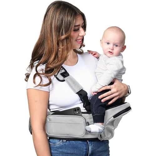 Hip Seat Baby Carrier - Detachable Shoulder Strap & Adjustable Waistband for Comfortable Babywearing | Newborn & Toddler Carrier, Lumbar Support, Up to 44lbs (Light Grey)