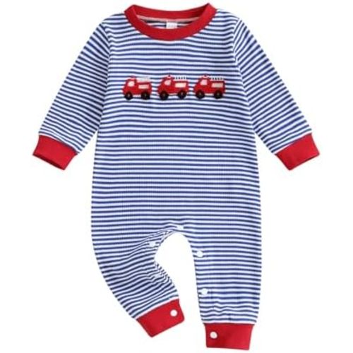 Newborn Baby Boy Clothes Fire Truck Jumpsuit Striped Waffle Knit Bubble Romper One Piece Fall Winter Outfits
