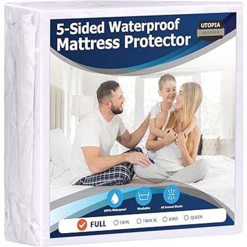 Utopia Bedding Waterproof 5-Sided Mattress Protector Full Size, Premium Breathable Mattress Cover, Fitted Style with Stretchable Pockets (White)