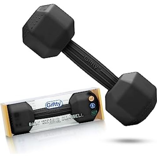 Baby Dumbbell Toy - Silicone Infant Rattle Teething Toy Teether Toddler Sensory Toy Durable Safe Exercises Workout Weight - Great Gift for Girls and Boys (1pcs - Black)