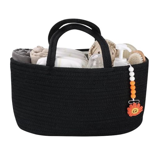 Pump/Diaper Caddy Organizer for Girl Boy Cotton Rope Nursery Storage Bin Basket Portable Holder Tote Bag for Changing Table Car Travel Baby Shower Gifts Newborn Essentials Registry Must Haves Black