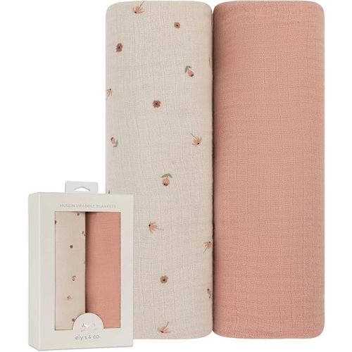 Ely's & Co. Muslin Swaddle Blanket 2-Pack — 100% Cotton Muslin Extra-Large Swaddle Blankets (47” x 47”) Solid + Printed (Pink Garden Flower)