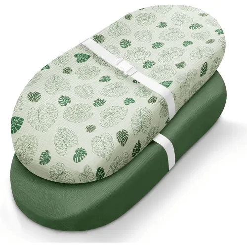 Blissful Diary Muslin Changing Pad Cover for Girls Boys, Soft Baby Diaper Change Table Pad Covers, 2 Pack (Monstera Leaves & Dark Green, Avocado)