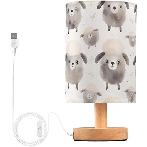 Cute Sheep Table Lamp for Bedroom Nightstand,LED Desk Reading Lamp with Linen Lamp Shade, Wooden Bedside Lamp for Living Room, Dorm, Home Office,A111671