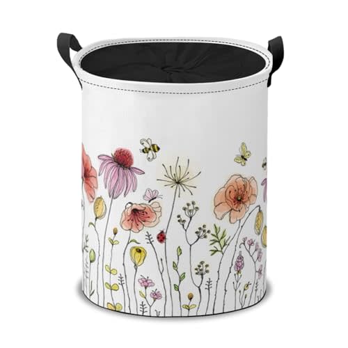 Spring Wildflowers Laundry Hamper Basket, Colorful Summer Floral Printing Collapsible Portable Laundry Bag, Garden Plant Herbs Storage Bins Toys Gifts Basket, Bedroom Home Nursery Decor for Girl Women