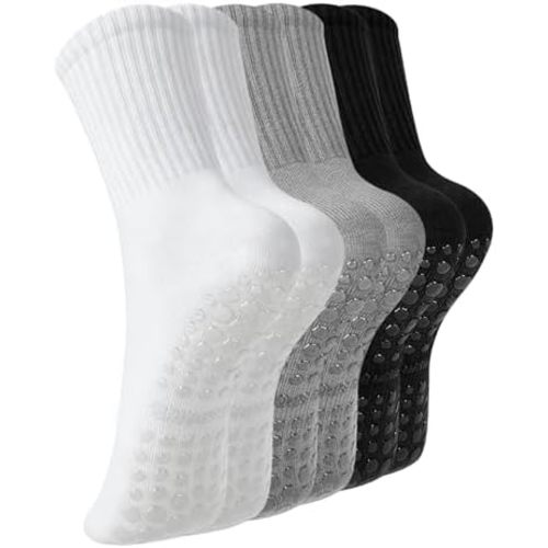 Pilates Socks with Grips for Women, 3 Pairs Non Slip Grip Socks for Yoga, Barre, Dance, Home, Hospital, Workout