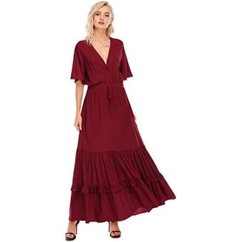 R.Vivimos Womens Summer Cotton Short Sleeve V Neck Floral Print Casual Bohemian Midi Dresses