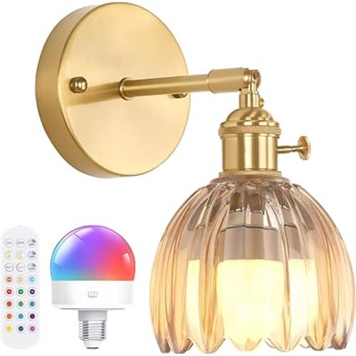 Vintage Battery Operated Wall Sconce with Amber Tulip Glass Lampshade Rechargeable Battery Powered Wall Light with Remote Control for Bedside Bedroom Doorway