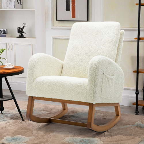 Dinosisco Rocking Chair for Nursery, High Back Adults Glider Rocker for Living Room, White Teddy