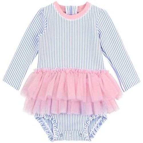 RuffleButts Baby Girls UPF 50+ Sun Protection Tulle Skirted Long Sleeve One Piece Rash Guard Swimsuit