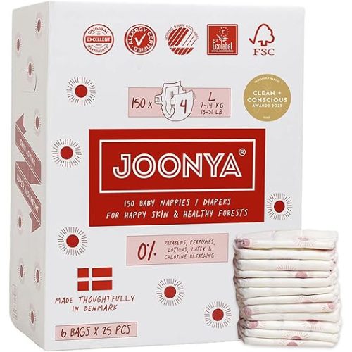 Joonya Baby Diapers, Size 4 L (15-31 lb) - 6 Bags of 25 (150) - New Range - NonToxic, Eco-Friendly, Ultra Slim, Overnight Use - Made in Denmark