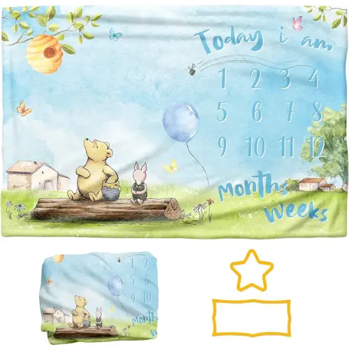 Baby Milestone Blanket - Blue Classic Winnie Monthly Milestone Blanket for Baby Boy The Pooh Bear Soft Touch Photography Background Photo Backdrop for Newborn Baby Growth Chart 60" X 40"