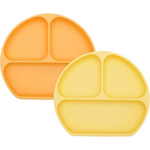 Bumkins Toddler and Baby Suction Plate, Silicone Divided Grip Dish for Babies and Kids, Baby Led Weaning, Children Supplies, Non Skid Bottom, Platinum Silicone, 6 Months Up, Tangerine and Pineapple