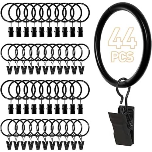 44 PCS Curtain Rings with Clips, Curtain Hooks for Drapes, Curtain Clips with Rings 1.26” Interior Diameter, Black Curtain Rings Fit up to 1 inch Curtain Rod