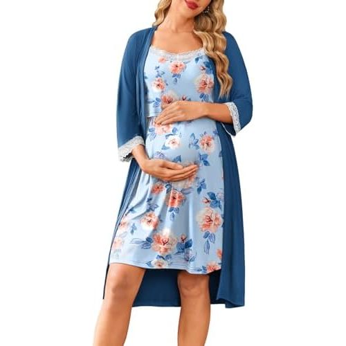 Ekouaer Women Lace Maternity Nursing Gown and Robe Set Double Layer Breastfeeding Nightgown Labor Delivery Slip Dress & Robe