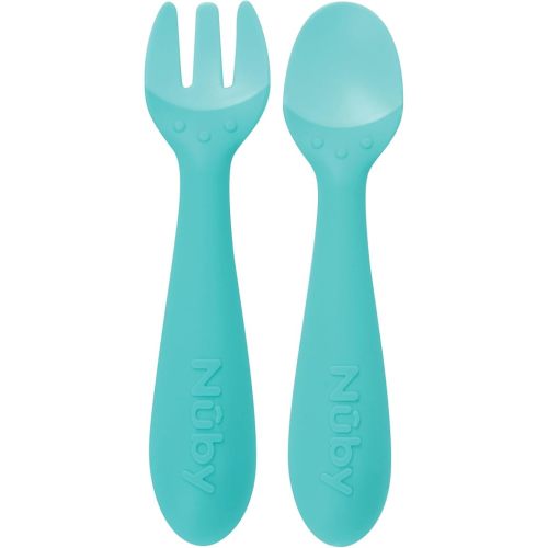 Nuby Silicone Easy Grip Fork & Spoon Set, 12+m in Aqua