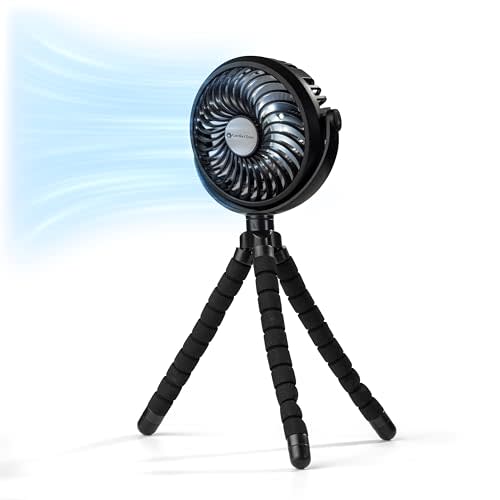 Comfort Zone Portable Stroller Fan, 3-Speed Rechargeable Clip-On with 360° Flexible Tripod, Battery Operated Cooling Fan for Strollers, Car Seats, Cribs, Treadmills, Black