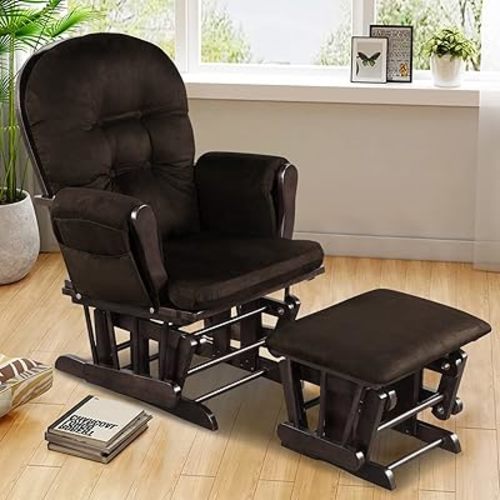 Costzon Glider and Ottoman Set, Wood Glider Rocker for Nursery, Upholstered Comfort Nursing Rocking Chair with Storage Pocket, Padded Armrests & Detachable Cushion, Easy to Assemble (Brown)