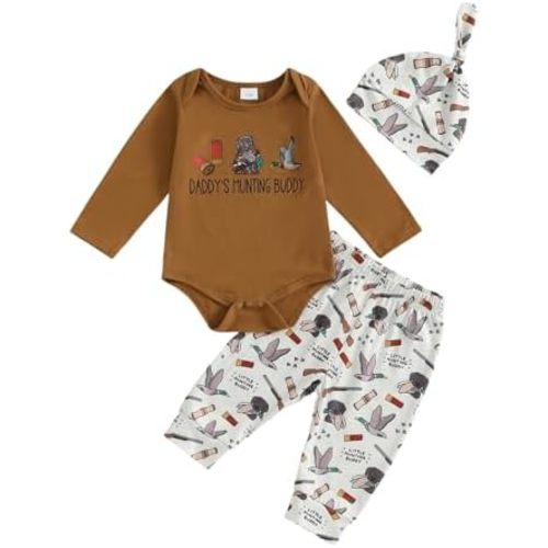 Baby Boy Hunting Clothes Retro Bodysuit Mallard Duck Deer Jogger Pants Hat Cute 3Pcs Newborn Coming Home Outfit Fall