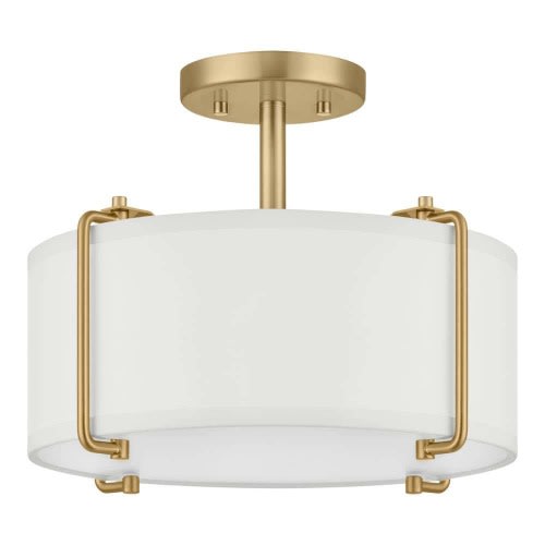 Brookley 14 in. 2-Light Brushed Gold Semi-Flush Mount with White Fabric Shade