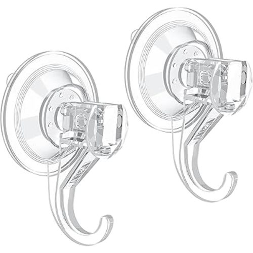 VIS'V Suction Cup Hooks, Small Clear Shower Suction Hooks Heavy Duty Vacuum Suction Cups with Hooks Removable Reusable Bathroom Suction Hooks for Tile Wall Window Glass Door 2 Pcs