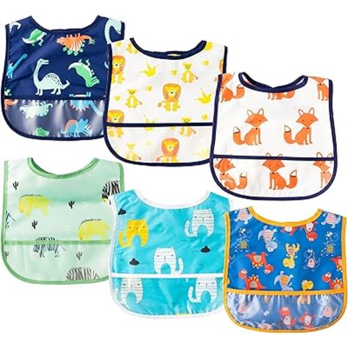 6Pcs Waterproof Toddler Bibs Baby Feeding Bib Set with Crumb Catcher Pocket Infant Adjustable Baby Teething Bib Babies Sleeveless Animals Food Bibs Keepsake Gift for Baby Shower, 6-24 Months