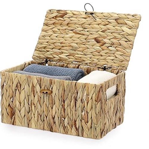 Hipiwe Wicker Baskets Bin for Shelf Organizing, Handwoven Water Hyacinth Storage Basket Bins with Lid, Decorative Basket Box with Built-in Handles, Shelf Baskets for Home Office Organize