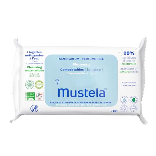 Mustela Baby Home Compostable Cleansing Wipes - For Face, Body & Diaper Area - 99% ingredients of natural origin & plant-based fibers - For all skin types - Fragrance Free Version & Various Sizes