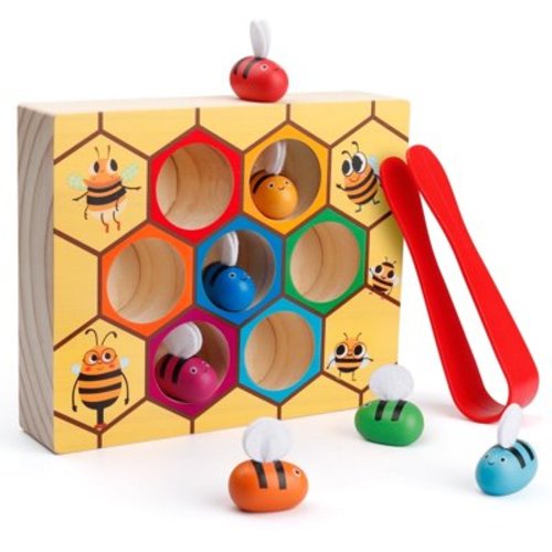 Coogam Toddler Fine Motor Skill Toy, Clamp Bee to Hive Matching Game, Montessori Wooden Color Sorting Puzzle for 1 2 3 Years Old