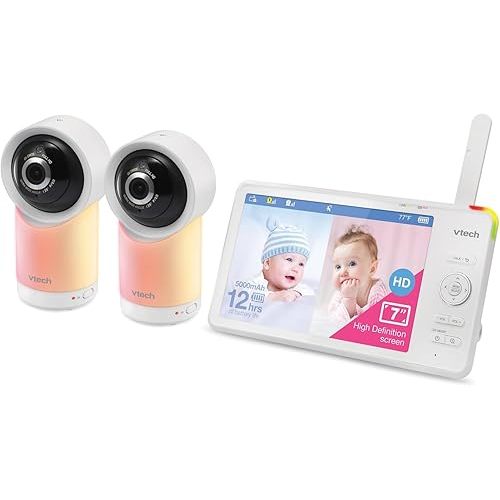 VTech RM7766-2HD RM77662HD Smart Wi-Fi 1080p 2-Camera 360°-Pan-and-Tilt Video Baby Monitor System with 7-in. Display, Night-Light, and Remote Access, White