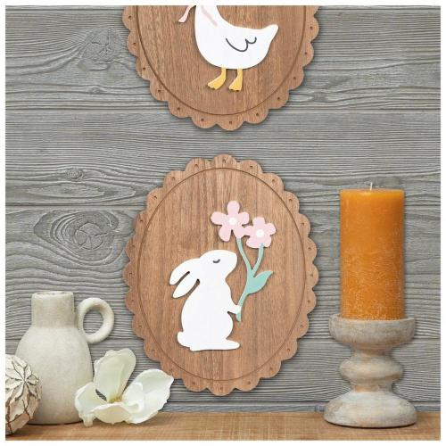 Bunny With Flowers Scalloped Wood Wall Decor