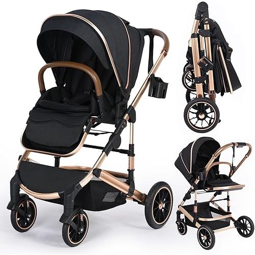 Kinder King Convertible Baby Stroller for Infant and Newborn, Foldable High Landscape Infant Carriage with Reversible Seat, Large Canopy, 5-Point Strap Anti-Shock Toddler Pushchair Stroller