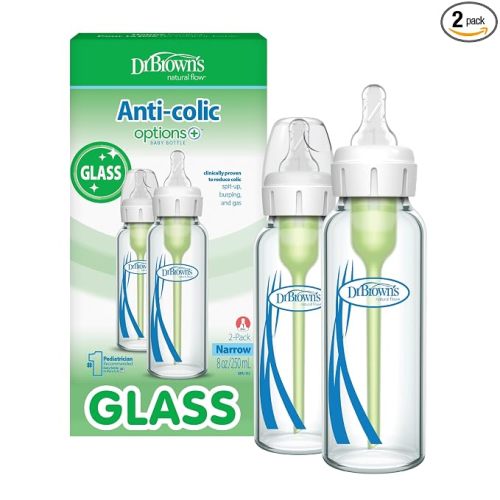 Dr. Brown's Anti-Colic Options+ Narrow Glass Baby Bottle with Level 1 Slow Flow Nipple, BPA-Free, 8 oz/250 mL, 0m+, 2-Pack (Packaging May Vary)