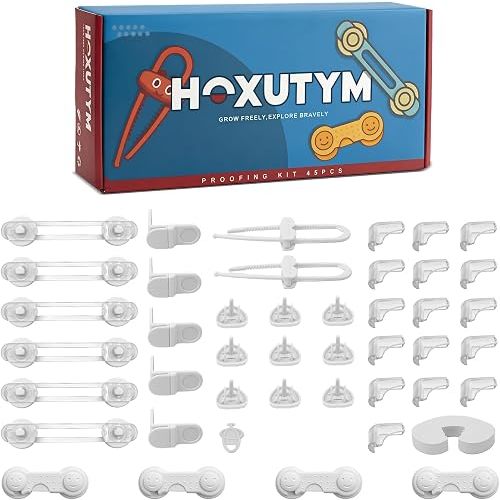 Baby Proofing Kit, 45 Pack Child Safety Pack – Cabinet & Drawer Locks, Corner Guards, Outlet Covers, Universal Safety Straps, Sliding Cabinet Locks, Door Stopper，Keep Your Child Safe at Home