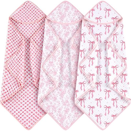 Hahafelt 2 Pcs Pink Bow Baby Hooded Towels for Newborn 100% Muslin Cotton Baby Bath Towel with Hood for Babies Infant Toddler and Kids Large 32x32inch Soft Absorbent Kids Essential Gift