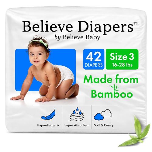 Believe Diapers Size 3 (16-28 Lbs) Viscose Bamboo Diapers 42 Count – Natural Baby Diaper, Chemical Free and Fragrance Free Natural Diaper for Sensitive Skin, Super Absorbent with Leak Protection