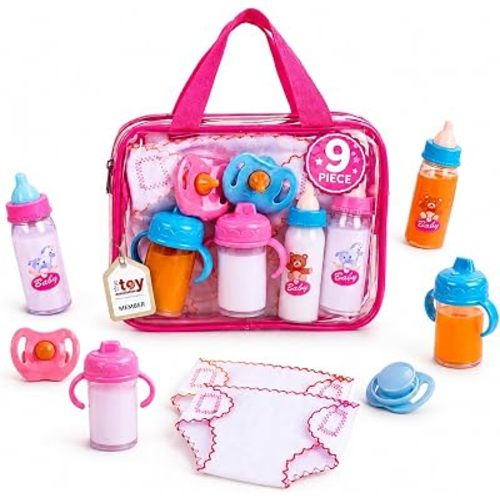 BABESIDE Baby Doll Accessories – 9 Pcs Feeding Set with Magic Bottles, Pacifiers, Bibs, Diapers & Carry Bag, Pretend Play Kit for 12–15 Inch Dolls