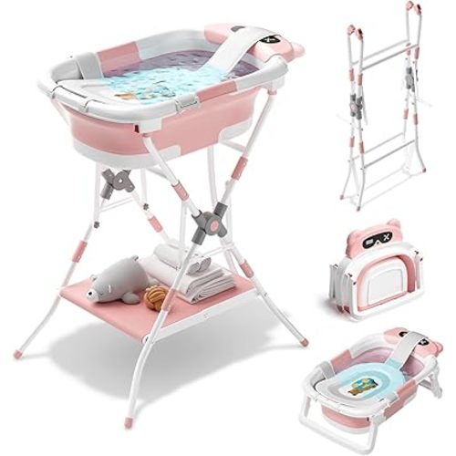 Baby Bathtub with Stand, Foldable Metal Standing Baby Bath Tub, 3-in-1 Anti-Slip Collapsible Tub with Cushion Storage Pad, Elevated Design for Newborn Toddler, Pink