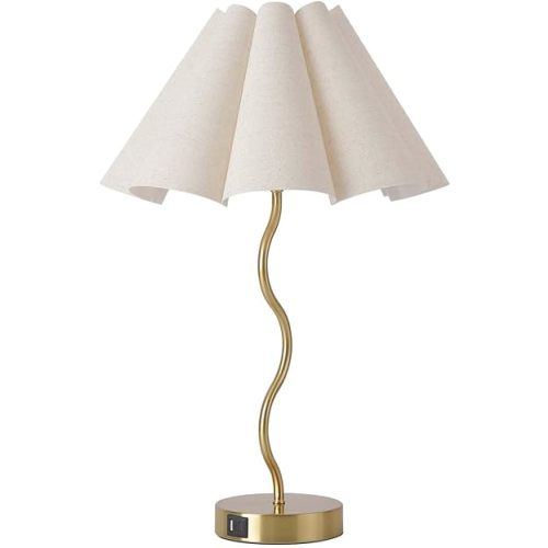KUNJOULAM Modern Table Lamp, 3 Way Dimmable Touch Lamp USB C Charging Ports, Umbrella Form Fabric Lampshade Desk Lamp for Living Room Bedroom Home Office