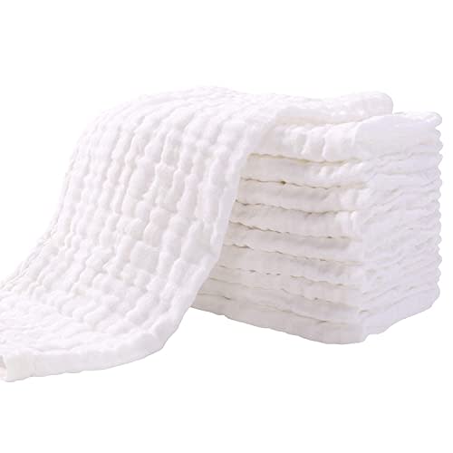 Muslin Burp Cloths for Baby 10 Pack 100% Cotton Baby Washcloths for Boys Girls Large 20''X10'' Super Soft and Absorbent by Yoofoss - White