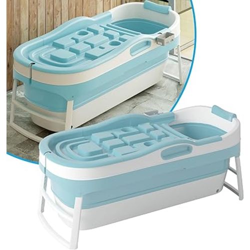 Portable Bathtub- 58"Foldable Bathtub for Adults- Collapsible Bathtub with 2 Side Handles and Waterproof Neck Pillow