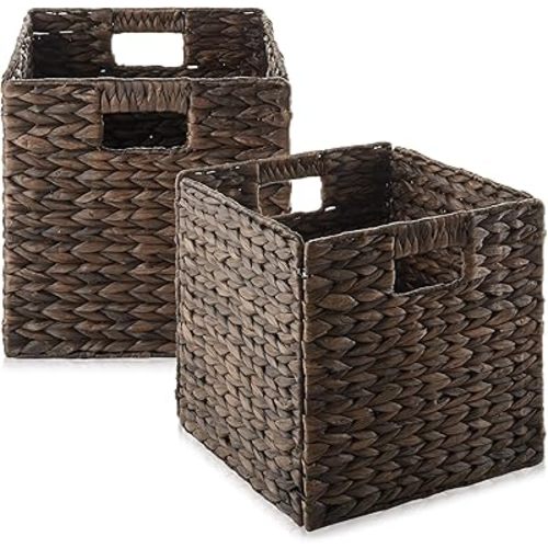 Casafield 10.5" x 10.5" Water Hyacinth Storage Baskets, Espresso - Set of 2 Collapsible Cube Organizers, Woven Bins for Bathroom, Bedroom, Laundry, Pantry, Shelves