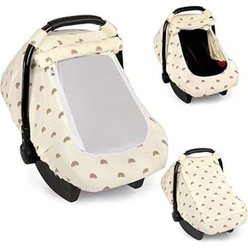 Hooyax Muslin Car Seat Cover Baby - Breathable and Privacy Car Seat Canopy with 3 Modes - Easy Install & Gift Box Packaging, Universal Fit for Infant Car Seats, Rainbow