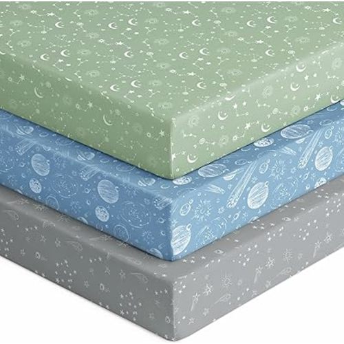 Baby Crib Sheets for Boys Girls, Fitted Crib Sheet Neutral 3 Pack for Standard Crib and Toddler Mattress, Breathable Soft Microfiber Baby Sheet 28x52x8in Green Gray Constellation