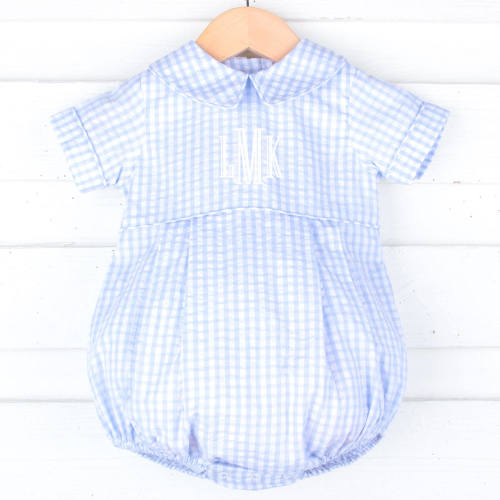 Light Blue Seersucker Check Collared Bubble