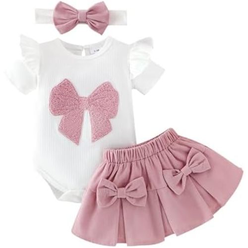 Baby Girl Clothes Newborn Ruffled Romper Cute Bow Skirt with Bow Headband Infant Summer Outfits Set 0-18 Months